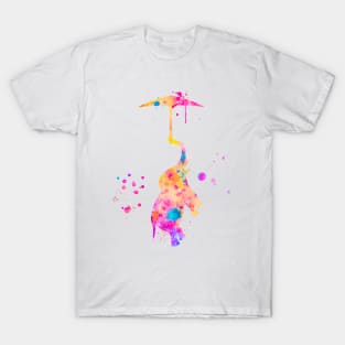 Colorful Pink Baby Elephant With Umbrella Watercolor Painting T-Shirt